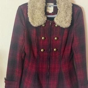 Elevenses Red Plaid Pea Coat with Faux Fur Collar